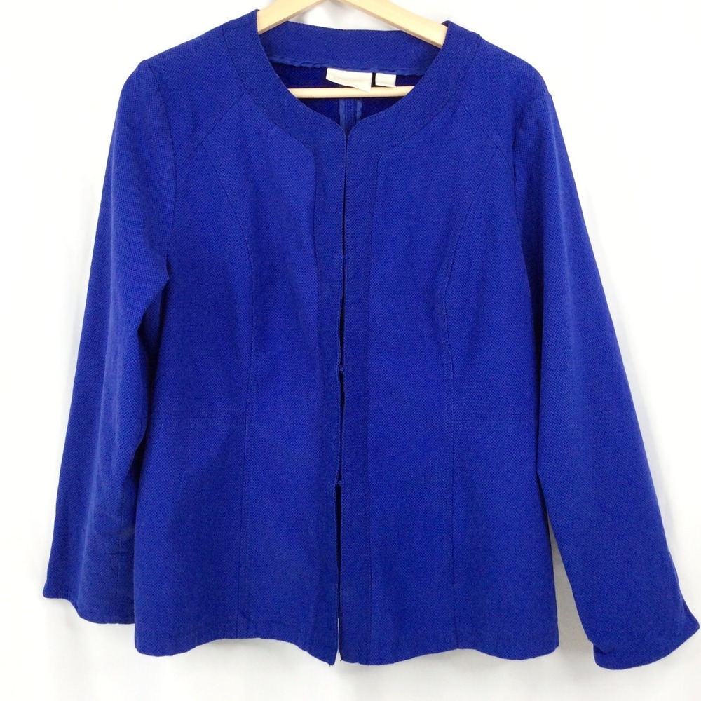 Chicos 3 Blazer Jacket Women's Size XL 16 Blue Hooke & Eye Cotton Blend